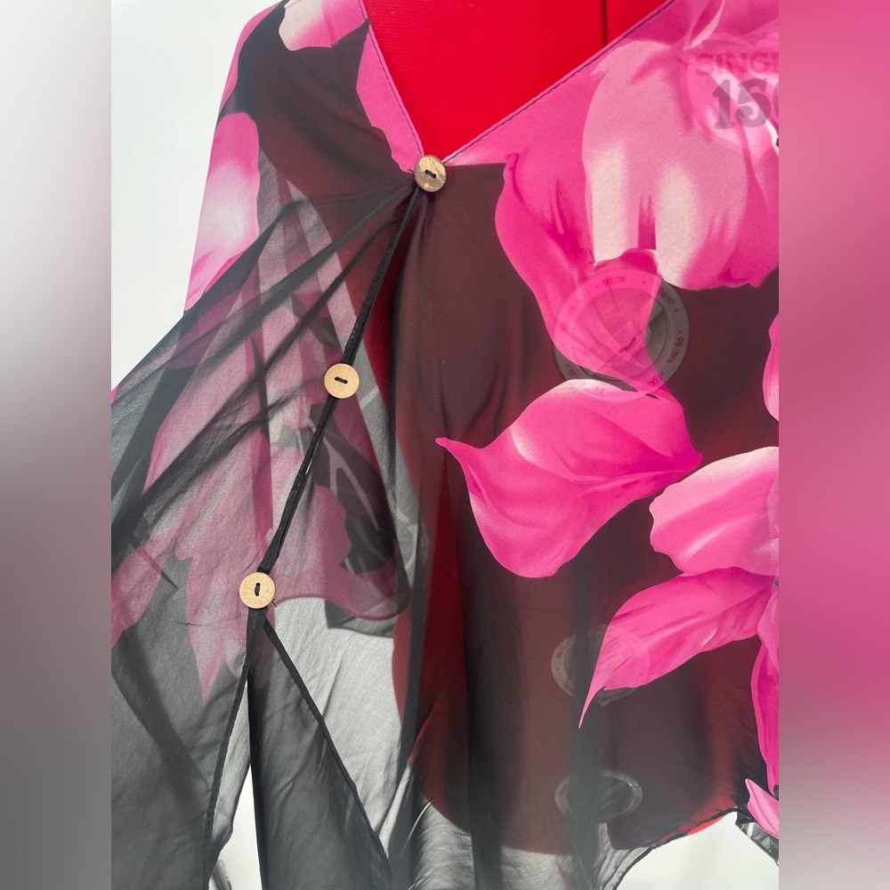 Y2K NWT Tropical Floral Sheer Chiffon Shawl Poncho Hawaiian Scarf W/ Buttons - Picture 3 of 9